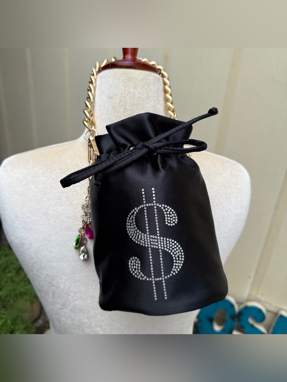 Dolls Kill Horoscopez Black Mini Satin Money Bag Chain Charms Pouch Y2K Bling